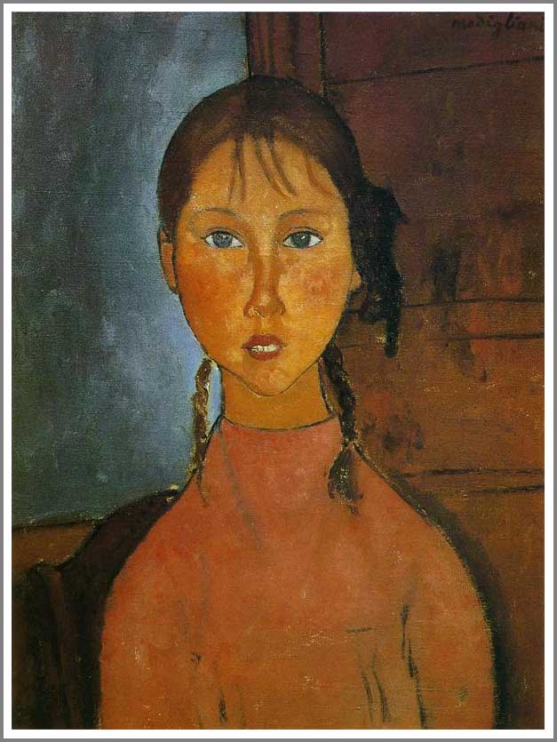 手描き 油絵 複製画 模写 アメデオ・モディリアーニ「おさげ髪の少女」 F20(72.7×60.6cm)サイズ 額付き 送料無料
