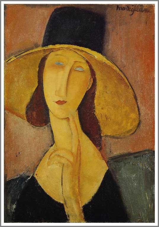 手描き 油絵 複製画 模写 アメデオ・モディリアーニ「大きな帽子のジャンヌ・エビュテルヌ」 F20(72.7×60.6cm)サイズ 額付き 送料無料