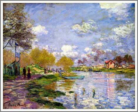 手描き 油絵 複製画 模写 クロード・モネ「アルジャントゥイユの川岸」 F20(72.7×60.6cm)サイズ 額付き 送料無料