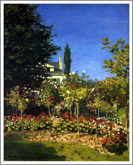 手描き 油絵 複製画 模写 クロード・モネ「サンタドレスの花咲く庭」 F20(72.7×60.6cm)サイズ 額付き 送料無料