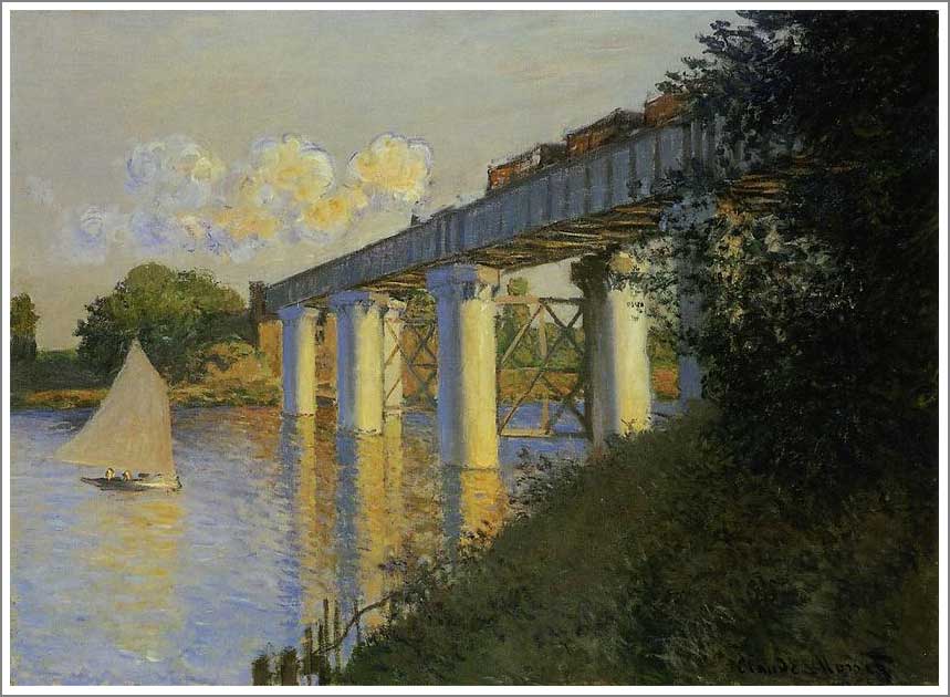 手描き 油絵 模写 複製画 クロード・モネ「アルジャントゥイユの鉄道橋（鉄橋）」 F12(60.6×50.0cm)サイズ 額付き 送料無料