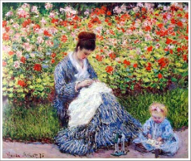 手描き 油絵 複製画 模写 クロード・モネ「庭のカミーユ・モネと子供」 F20(72.7×60.6cm)サイズ 額付き 送料無料