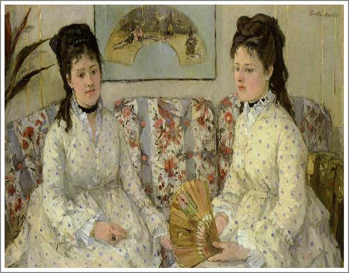 手描き 油絵 複製画 模写 ベルト・モリゾ「ソファーに座る2人の娘」 F20(72.7×60.6cm)サイズ 額付き 送料無料