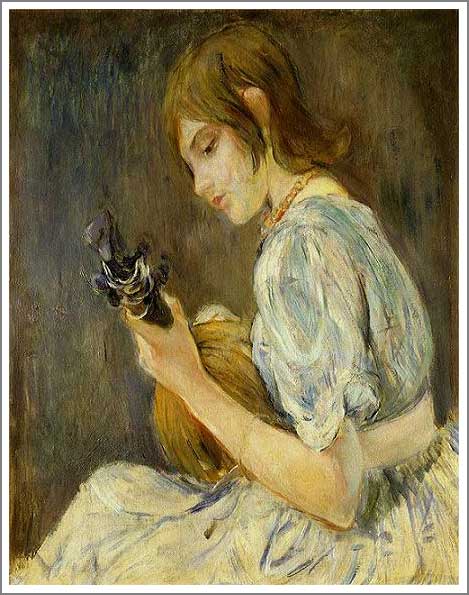 手描き 油絵 複製画 模写 ベルト・モリゾ「マンドリンを弾くジュリー」 F20(72.7×60.6cm)サイズ 額付き 送料無料