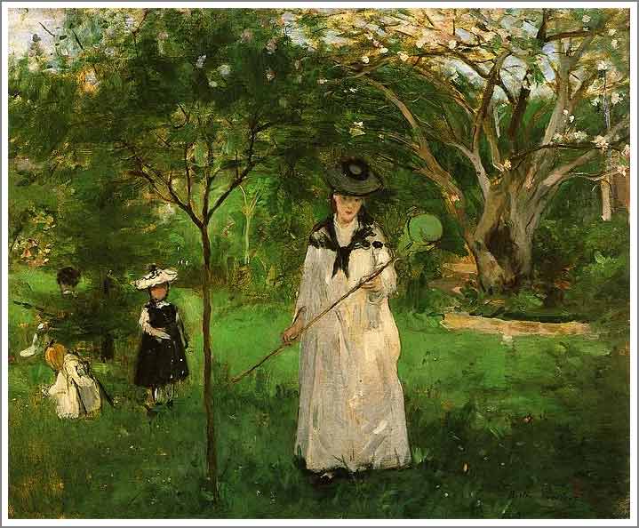 手描き 油絵 複製画 模写 ベルト・モリゾ「蝶々捕り」 F20(72.7×60.6cm)サイズ 額付き 送料無料