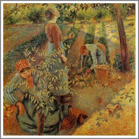 手描き 油絵 複製画 模写 カミーユ・ピサロ「リンゴ狩り」 F20(72.7×60.6cm)サイズ 額付き 送料無料