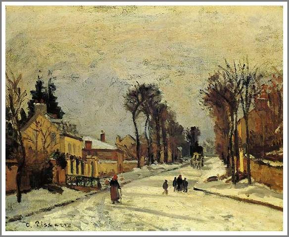 手描き 油絵 複製画 模写 カミーユ・ピサロ「ルーヴシエンヌのヴェルサイユ街道〜雪の効果〜」 F20(72.7×60.6cm)サイズ 額付き 送料無料