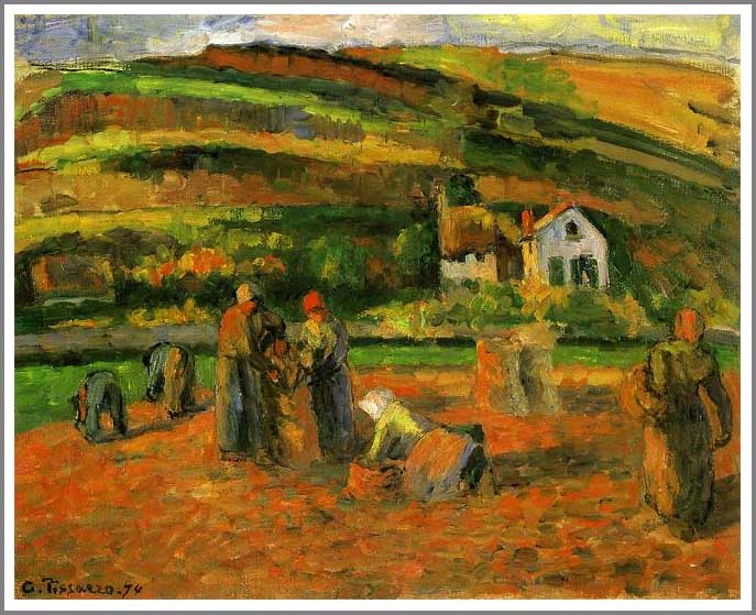 手描き 油絵 複製画 模写 カミーユ・ピサロ「ジャガイモの収穫」 F20(72.7×60.6cm)サイズ 額付き 送料無料