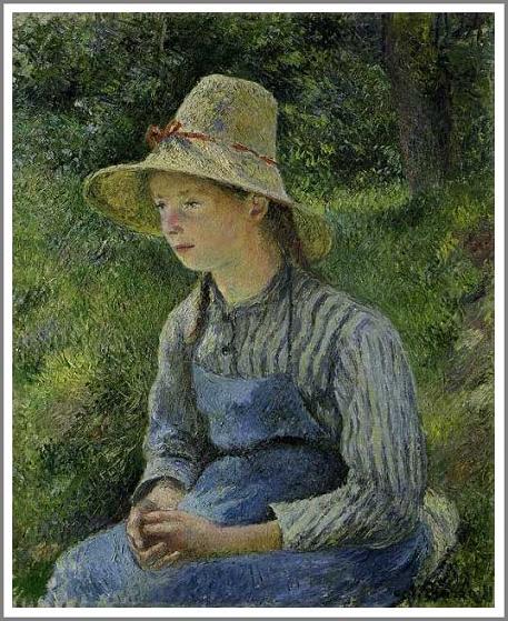 手描き 油絵 複製画 模写 カミーユ・ピサロ「帽子を被った農家の娘」 F20(72.7×60.6cm)サイズ 額付き 送料無料