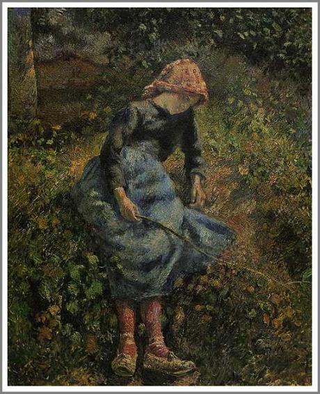 手描き 油絵 模写 複製画 カミーユ・ピサロ「小枝を持つ少女」 F15(65.2×53.0cm)サイズ プレゼント ギフト 贈り物 名画 オーダーメイド 額付き