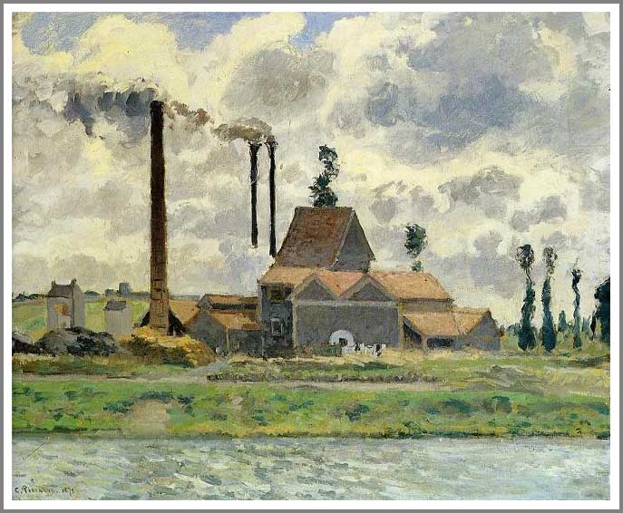 手描き 油絵 複製画 模写 カミーユ・ピサロ「ボントワーズ近くの工場」 F20(72.7×60.6cm)サイズ 額付き 送料無料