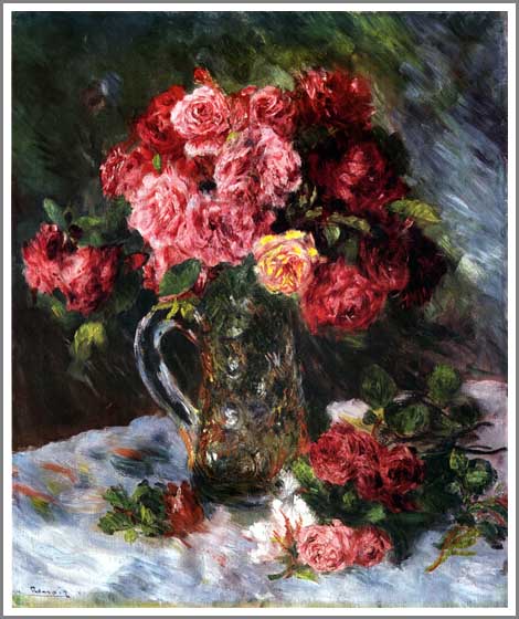 手描き 油絵 模写 複製画 ルノアール(ルノワール)「ばら」 F15(65.2×53.0cm)サイズ 額付き 送料無料