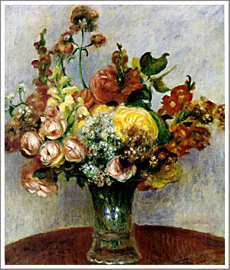 手描き 油絵 複製画　ルノアール（ルノワール）「花瓶の花2」 額付き 送料無料