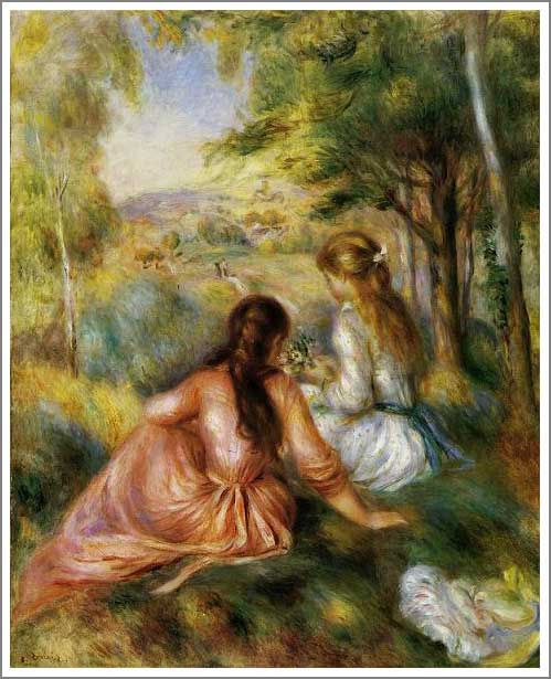 手描き 油絵 複製画 模写 ルノアール(ルノワール)「草原にて」 F20(72.7×60.6cm)サイズ 額付き 送料無料