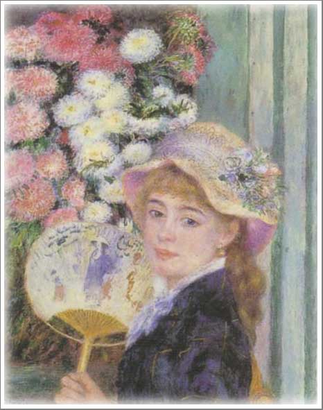 手描き 油絵 複製画 模写 ルノアール(ルノワール)「団扇を持つ少女」 F20(72.7×60.6cm)サイズ 額付き 送料無料