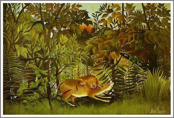 手描き 油絵 複製画 模写 アンリ・ルソー「飢えたライオン」 F20(72.7×60.6cm)サイズ 額付き 送料無料