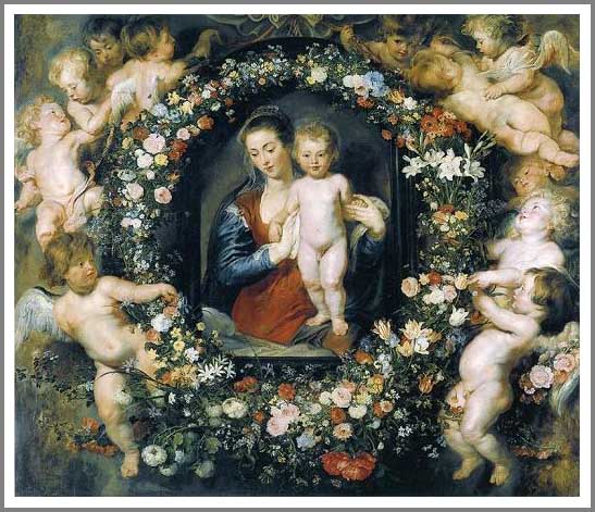 手描き 油絵 複製画 模写 ピーテル・パウル・ルーベンス「花輪の聖母」 F20(72.7×60.6cm)サイズ 額付き 送料無料