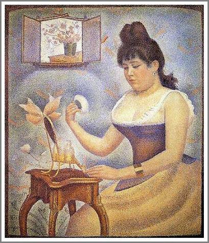 手描き 油絵 複製画 模写 ジョルジュ・スーラ「化粧する若い女」 F20(72.7×60.6cm)サイズ 額付き 送料無料