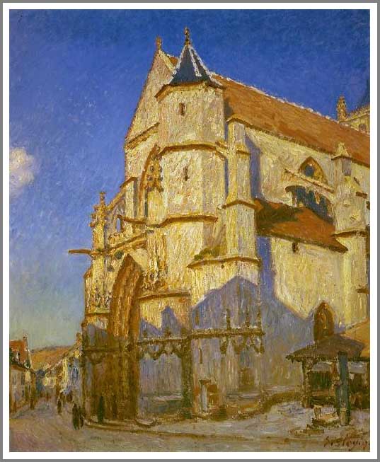 手描き 油絵 模写 複製画 アルフレッド・シスレー「朝の日差しを浴びるモレの教会」 F15(65.2×53.0cm)サイズ プレゼント ギフト 贈り物 名画 オ...
