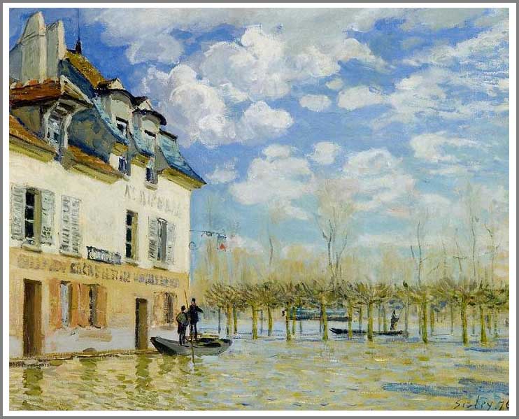 手描き 油絵 複製画 模写 アルフレッド・シスレー「洪水と小船」 F20(72.7×60.6cm)サイズ 額付き 送料無料