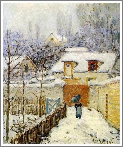 手描き 油絵 複製画 模写 アルフレッド・シスレー「ルーヴシエンヌの庭 〜雪景色〜」 F20(72.7×60.6cm)サイズ 額付き 送料無料