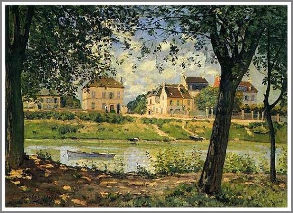 手描き 油絵 複製画 模写 アルフレッド・シスレー「セーヌ河岸のヴァルヌーヴ・ラ・ガレンヌ」 F20(72.7×60.6cm)サイズ 額付き 送料無料