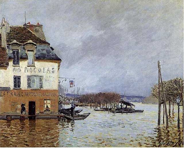 手描き 油絵 模写 複製画 アルフレッド・シスレー「ポール・マルリの洪水の波止場」 F15(65.2×53.0cm)サイズ プレゼント ギフト 贈り物 名画 オ...