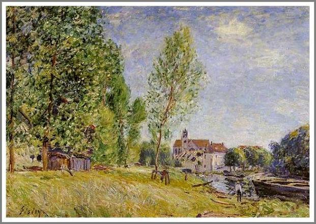 手描き 油絵 複製画 模写 アルフレッド・シスレー「マトラの船着場、モレ・シュル・ロワン」 F20(72.7×60.6cm)サイズ 額付き 送料無料