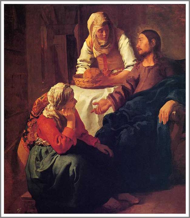 手描き 油絵 複製画 模写 ヨハネス・フェルメール「マルタとマリアの家のキリスト」 F20(72.7×60.6cm)サイズ 額付き 送料無料