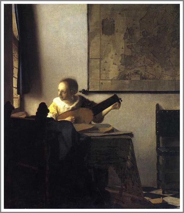 手描き 油絵 複製画 模写 ヨハネス・フェルメール「窓辺でリュートを弾く女」 F20(72.7×60.6cm)サイズ 額付き 送料無料