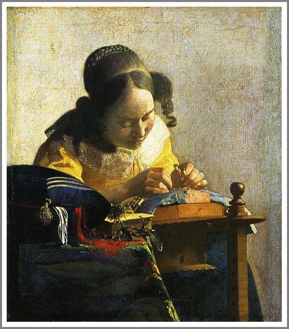 手描き 油絵 模写 複製画 ヨハネス・フェルメール「レースを編む女」 F12(60.6×50.0cm)サイズ 額付き 送料無料