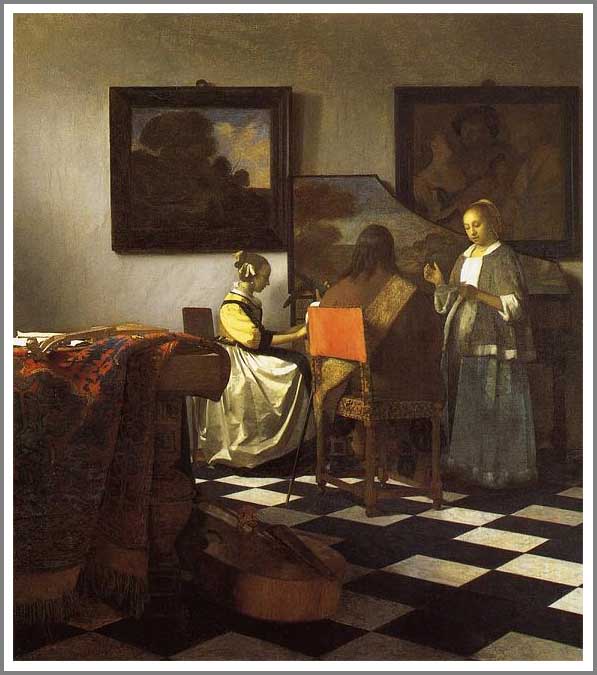 手描き 油絵 模写 複製画 ヨハネス・フェルメール「合奏」 F15(65.2×53.0cm)サイズ プレゼント ギフト 贈り物 名画 オーダーメイド 額付き