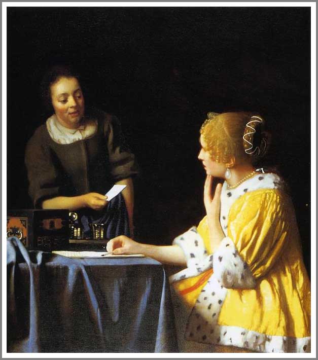 手描き 油絵 複製画 模写 ヨハネス・フェルメール「手紙を書く女と召使」 F20(72.7×60.6cm)サイズ 額付き 送料無料