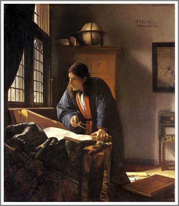 手描き 油絵 模写 複製画 ヨハネス・フェルメール「地理学者」 F15(65.2×53.0cm)サイズ プレゼント ギフト 贈り物 名画 オーダーメイド 額付き