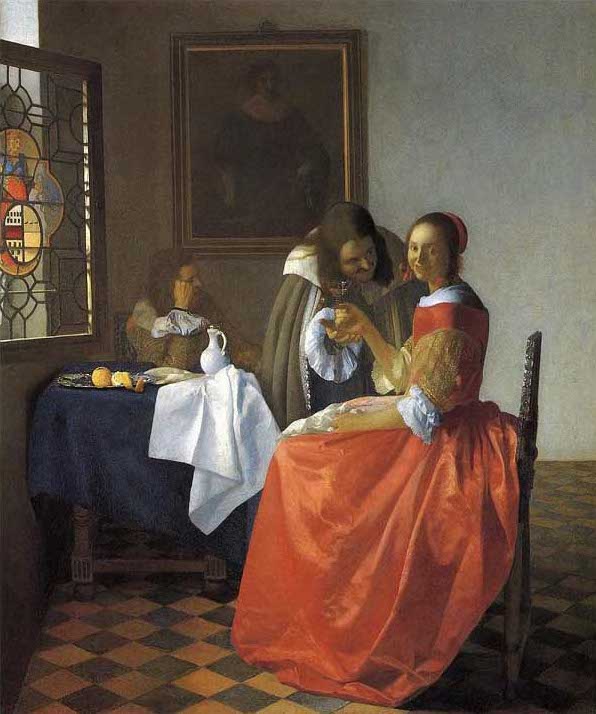 手描き 油絵 模写 複製画 ヨハネス・フェルメール「二人の紳士と女」 F15(65.2×53.0cm)サイズ プレゼント ギフト 贈り物 名画 オーダーメイド ...