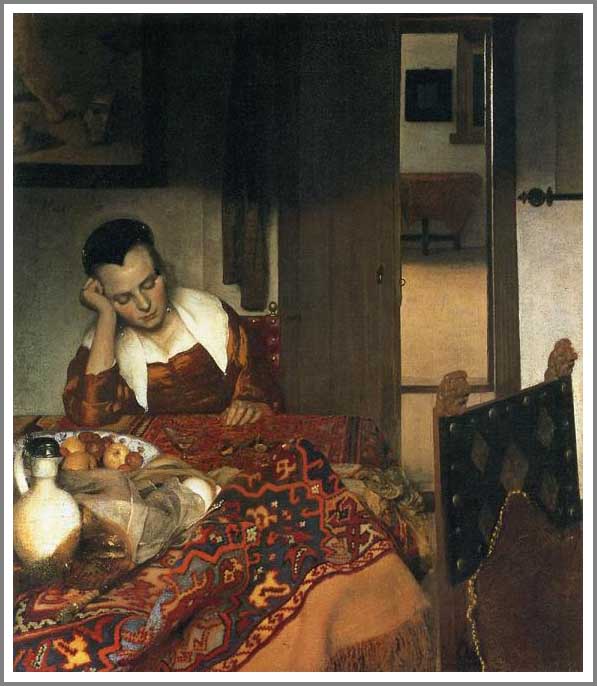 手描き 油絵 複製画 模写 ヨハネス・フェルメール「眠る女」 F20(72.7×60.6cm)サイズ 額付き 送料無料