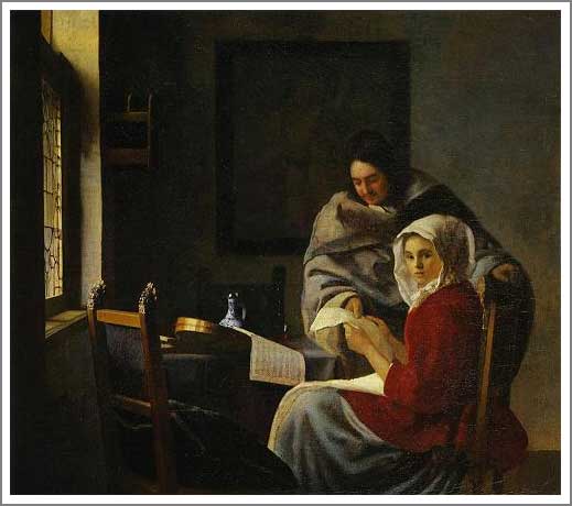 手描き 油絵 複製画 模写 ヨハネス・フェルメール「中断された音楽の稽古」 F20(72.7×60.6cm)サイズ 額付き 送料無料