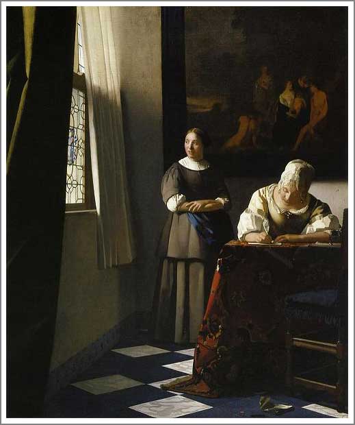 手描き 油絵 複製画 模写 ヨハネス・フェルメール「婦人と召使」 F20(72.7×60.6cm)サイズ 額付き 送料無料