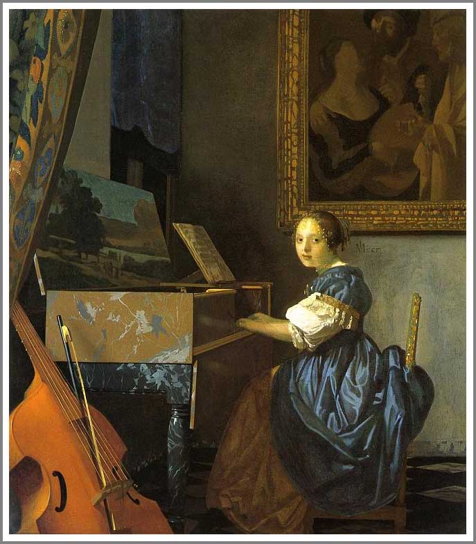 手描き 油絵 複製画 模写 ヨハネス・フェルメール「ヴァージナルの前に座る女性」 F20(72.7×60.6cm)サイズ 額付き 送料無料