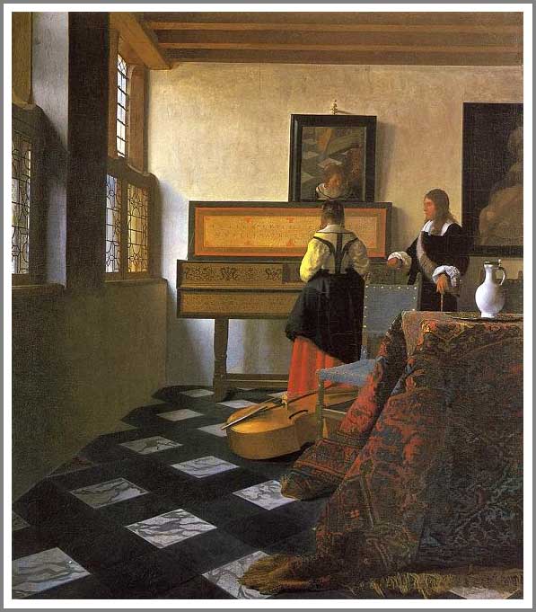 手描き 油絵 複製画 模写 ヨハネス・フェルメール「音楽の稽古」 F20(72.7×60.6cm)サイズ 額付き 送料無料