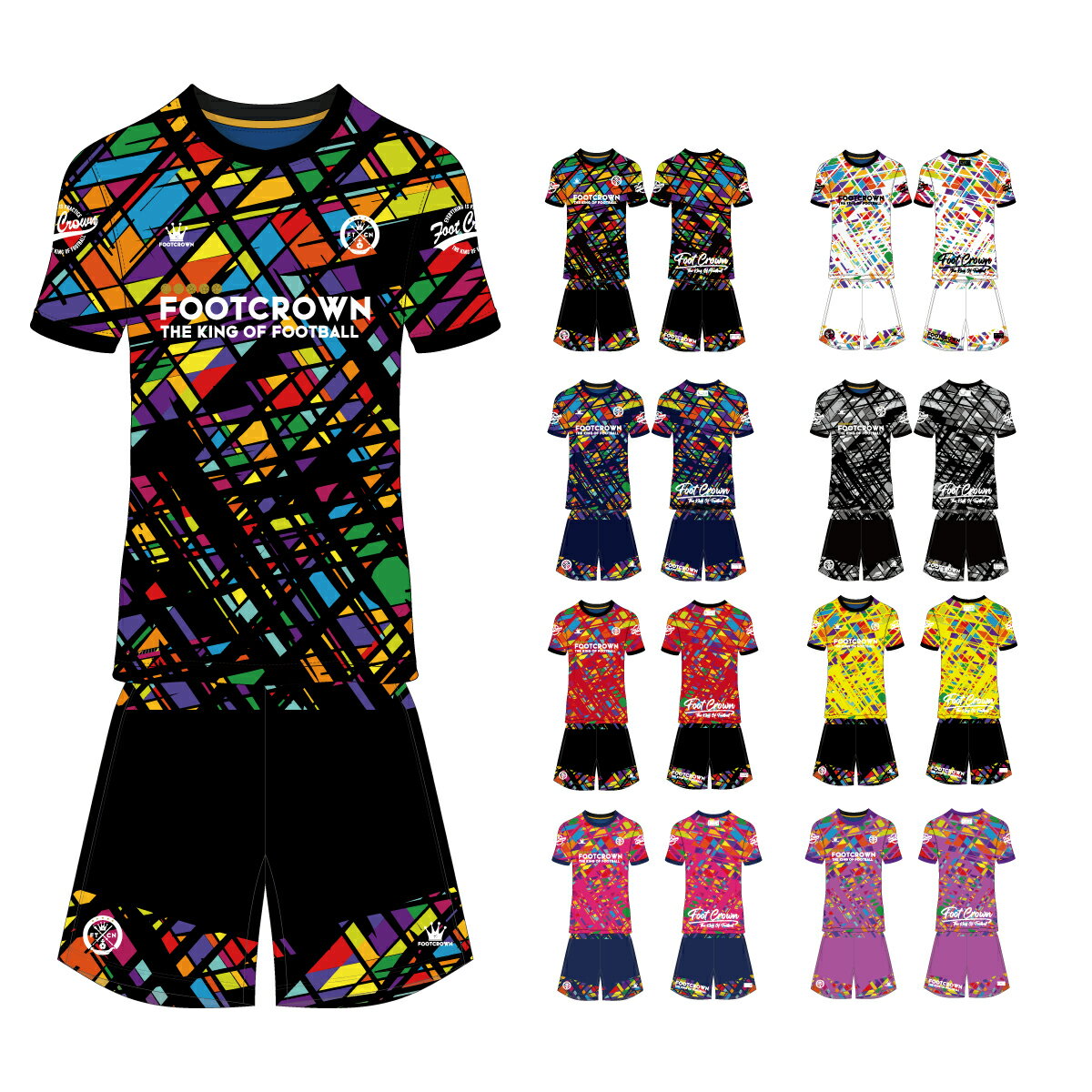 フットクラウン プラシャツ 上下セット カラフルミラージュデザイン サッカー フットサル ウェア 半袖 ..