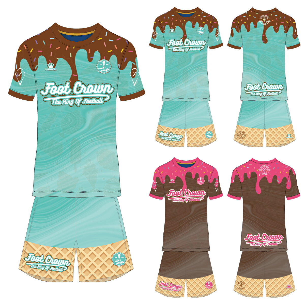 フットクラウン プラシャツ 上下セット アイスクリームデザイン サッカー フットサル ウェア 半袖 長袖 ジュニア メンズ 大きいサイズ