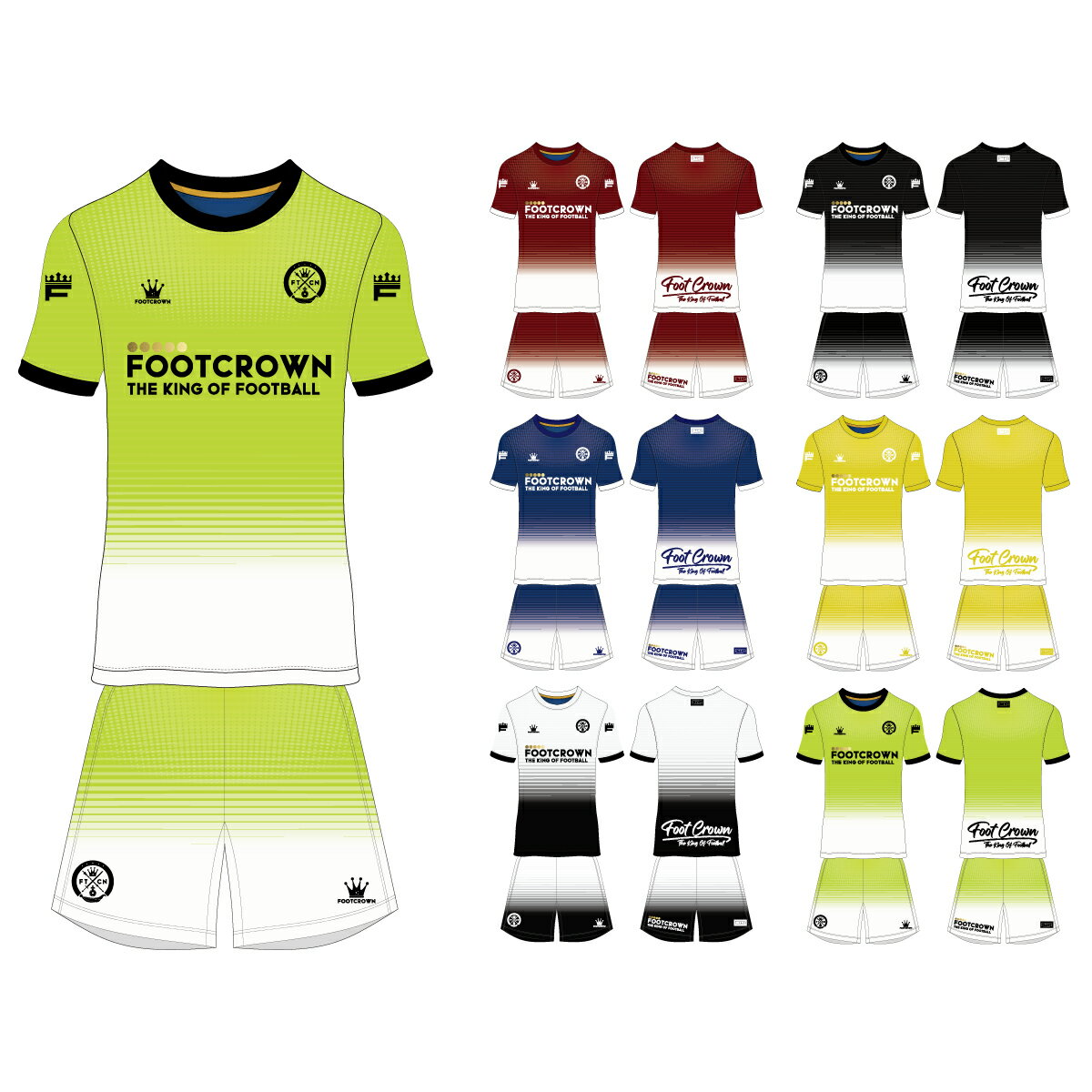 フットクラウン プラシャツ 上下セット バイカラーグラデーションデザイン サッカー フットサル ウェア 半袖 長袖 ジュニア メンズ 大きいサイズ