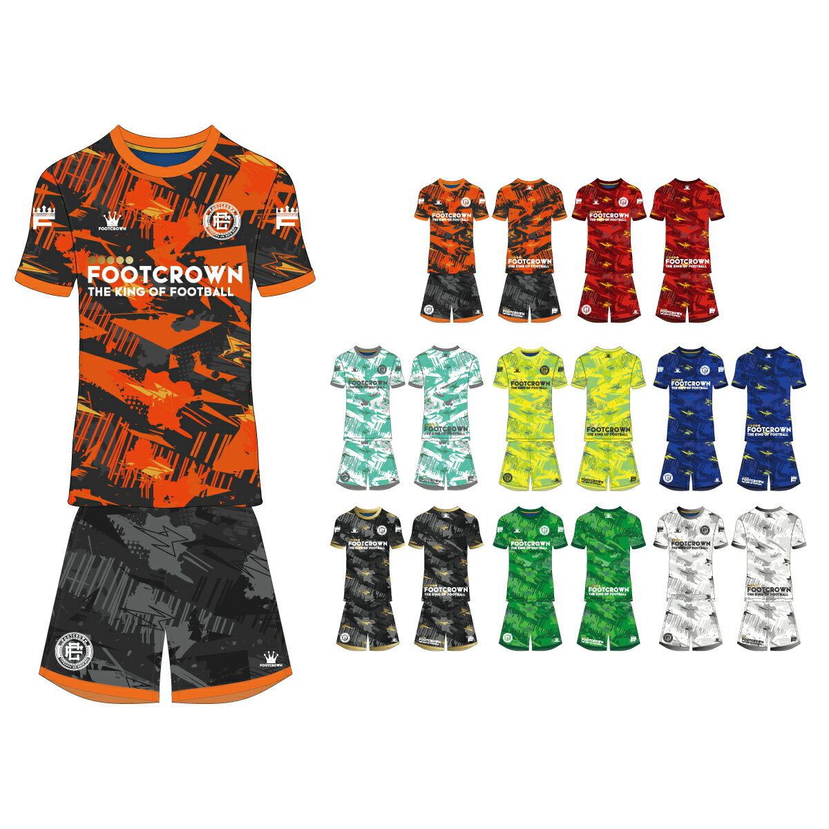 フットクラウン プラシャツ 上下セット ネオカモフラージュデザイン サッカー フットサル ウェア 半袖 長袖 ジュニア メンズ 大きいサイズ