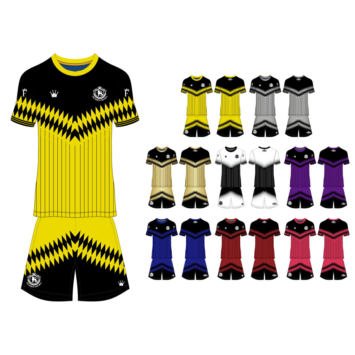 フットクラウン プラシャツ 上下セット クラシカルローゼンジラインデザイン サッカー フットサル ウェア 半袖 長袖 ジュニア メンズ 大きいサイズ