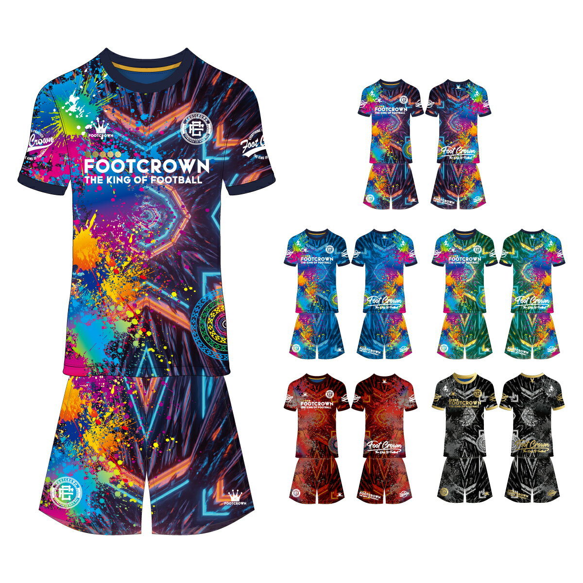 フットクラウン プラシャツ 上下セット サイバーネオンペイントデザイン サッカー フットサル ウェア 半袖 長袖 ジュニア メンズ 大きいサイズ