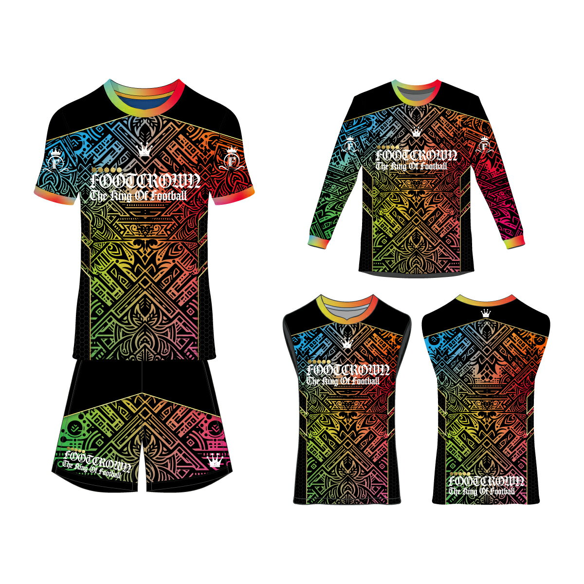 フットクラウン プラシャツ 上下セット レインボートライバルデザイン サッカー フットサル ウェア 半袖 長袖 ジュニア メンズ 大きいサイズ