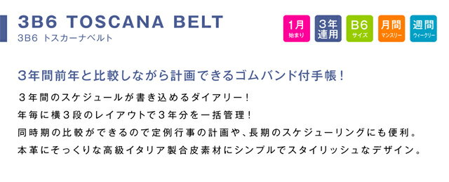 オマケ付！！手帳 WEB限定 2023 年 1月始まり B6 3年連用ダイアリー 3B6-トスカーナベルト m