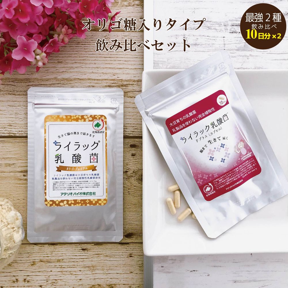 商品名 ライラック乳酸菌オリゴプレミアム 名称 乳酸菌利用食品 原材料名 オカラ粉末（国内製造）、オリゴ糖、大豆粉末、大豆発酵物、グルコース、有胞子性乳酸菌、（一部に大豆を含む） お召し上がり方 2g程度を目安に1日1回から数回に分けておとり下さい。 内容量 20g 賞味期限 製造日から3年間 保存方法の注意 直射日光、高温多湿な場所は避け、常温で保管してください。 開封後は、冷蔵庫に保管してください。 注意事項 ・大豆アレルギーの方は、ご使用をお控えください。 ・本製品中の食物繊維の作用により体調や体質によっては、おなかがはることがあります。 ・開封後は、なるべく早くお召し上がりください。 広告文責 アテリオ・バイオ株式会社連絡先電話番号：0120-074-591 製造・販売者 アテリオ・バイオ株式会社 区分日本製・健康食品 この商品に含まれるライラック乳酸菌（有胞子性乳酸菌）については、『健康でいられる体づくりに関する科学的な研究』が行われた事を北海道が認定したものです。（ヘルシーDo認定の表示は、北海道フード・コンプレックス国際戦略総合特区における国との協議に基き、北海道内で製造された製品に限り認められたものです。）【認定番号】第04-0029号 商品名 ライラック乳酸菌Fプラス（カプセル） 名称 乳酸菌利用食品 原材料名 オカラ粉末（大豆を含む、国内製造）、オリゴ糖、大豆発酵物、大豆粉末、グルコース、有胞子性乳酸菌／プルラン 栄養成分表示 2粒（0.64g）当たり エネルギー2.6kcal、たんぱく質0.12g、脂質0.06g、炭水化物0.42g、食塩相当量0.002g お召し上がり方 1日2粒を目安に、水などの飲み物と一緒にお召し上がりください。 内容量 20粒 賞味期限 製造日から2年間 保存方法の注意 直射日光、高温多湿な場所は避け、室温で保存してください。 注意事項 ・大豆アレルギーの方は、ご使用をお控えください。 ・本製品中の食物繊維の作用により体調や体質によっては、おなかがはることがあります。 ・開封後は、なるべく早くお召し上がりください。 広告文責 アテリオ・バイオ株式会社連絡先電話番号：0120-074-591 製造・販売者 アテリオ・バイオ株式会社 区分日本製・健康食品 この商品に含まれるライラック乳酸菌（有胞子性乳酸菌）については、『健康でいられる体づくりに関する科学的な研究』が行われた事を北海道が認定したものです。（ヘルシーDo認定の表示は、北海道フード・コンプレックス国際戦略総合特区における国との協議に基き、北海道内で製造された製品に限り認められたものです。）【認定番号】 スタンダード：第07-0068号 メーカー希望小売価格はメーカーサイトに基づいて掲載しています※本商品は、お一人様1点限定のお試し商品です。 ※同じ方からの複数回・複数個の注文分はキャンセルさせて頂きます。