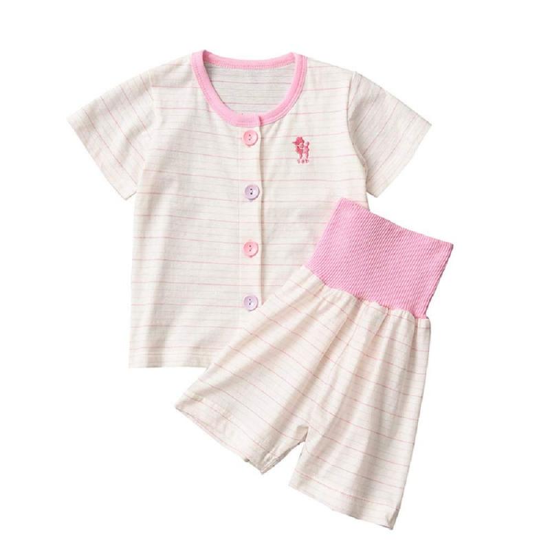 Lettyhe ベビー パジャマ 腹巻付 半袖 半丈ズボン 男の子 女の子 赤ちゃん 前開き ボーダー ボーイズ ガールズ ルームウェア 上下2点セットナイトウェア 腹巻き付き 子供服 綿 寝巻き トップス